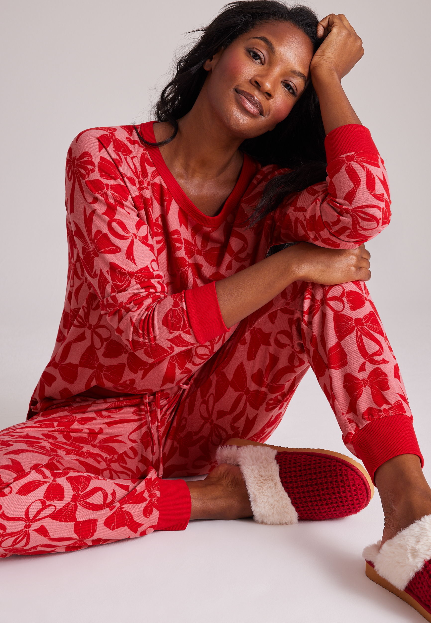Bow Print Hacci Jogger Pajama Set, C5679, large