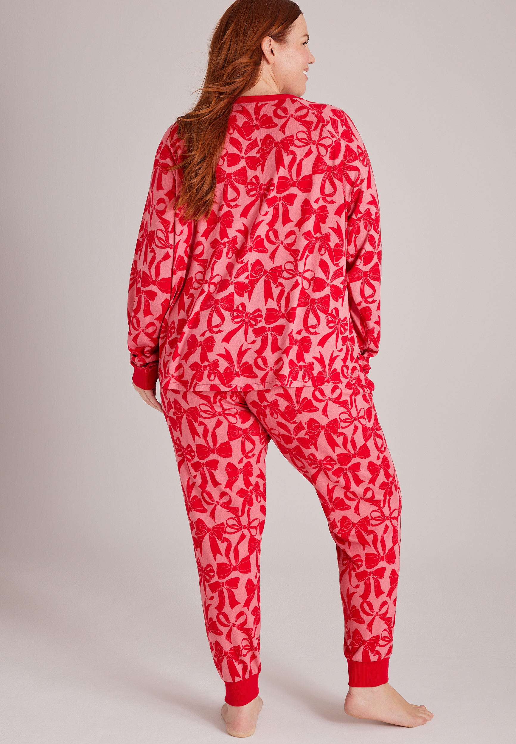 Plus Size Bow Print Hacci Jogger Pajama Set, C5679, large