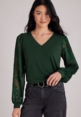 V-Neck Floral Mesh Sleeve Blouse, C7147, small
