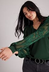V-Neck Floral Mesh Sleeve Blouse, C7147, small
