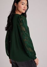 V-Neck Floral Mesh Sleeve Blouse, C7147, small