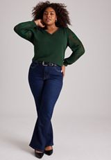 Plus Size V-Neck Floral Mesh Sleeve Blouse, C7147, small