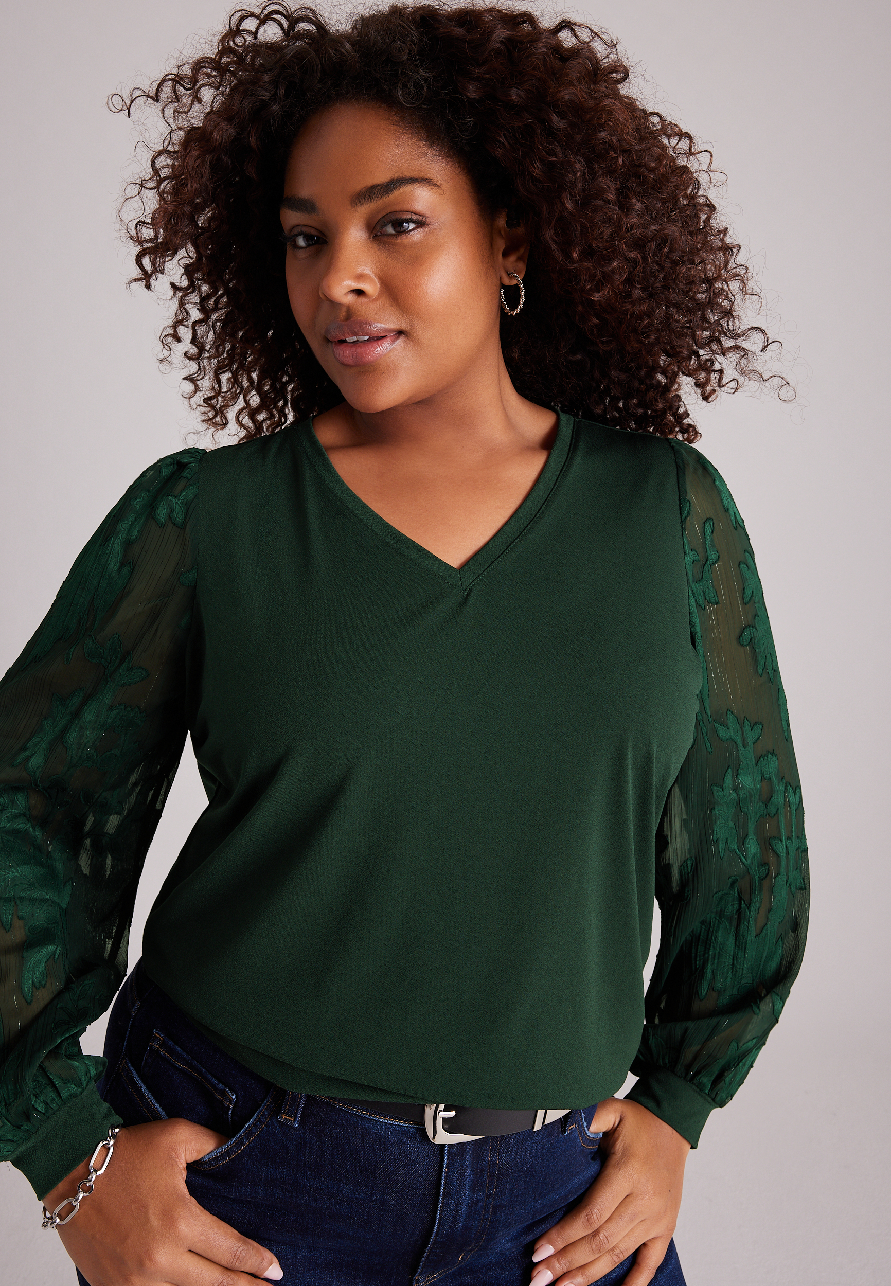 Plus Size V-Neck Floral Mesh Sleeve Blouse, C7147, large