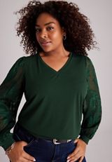 Plus Size V-Neck Floral Mesh Sleeve Blouse, C7147, small