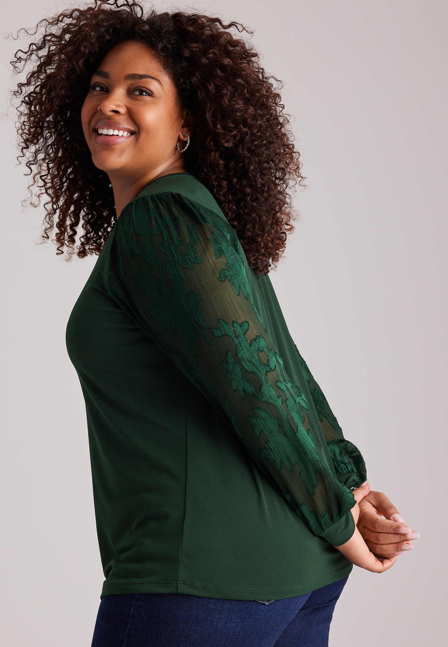 Plus Size V-Neck Floral Mesh Sleeve Blouse, C7147, large
