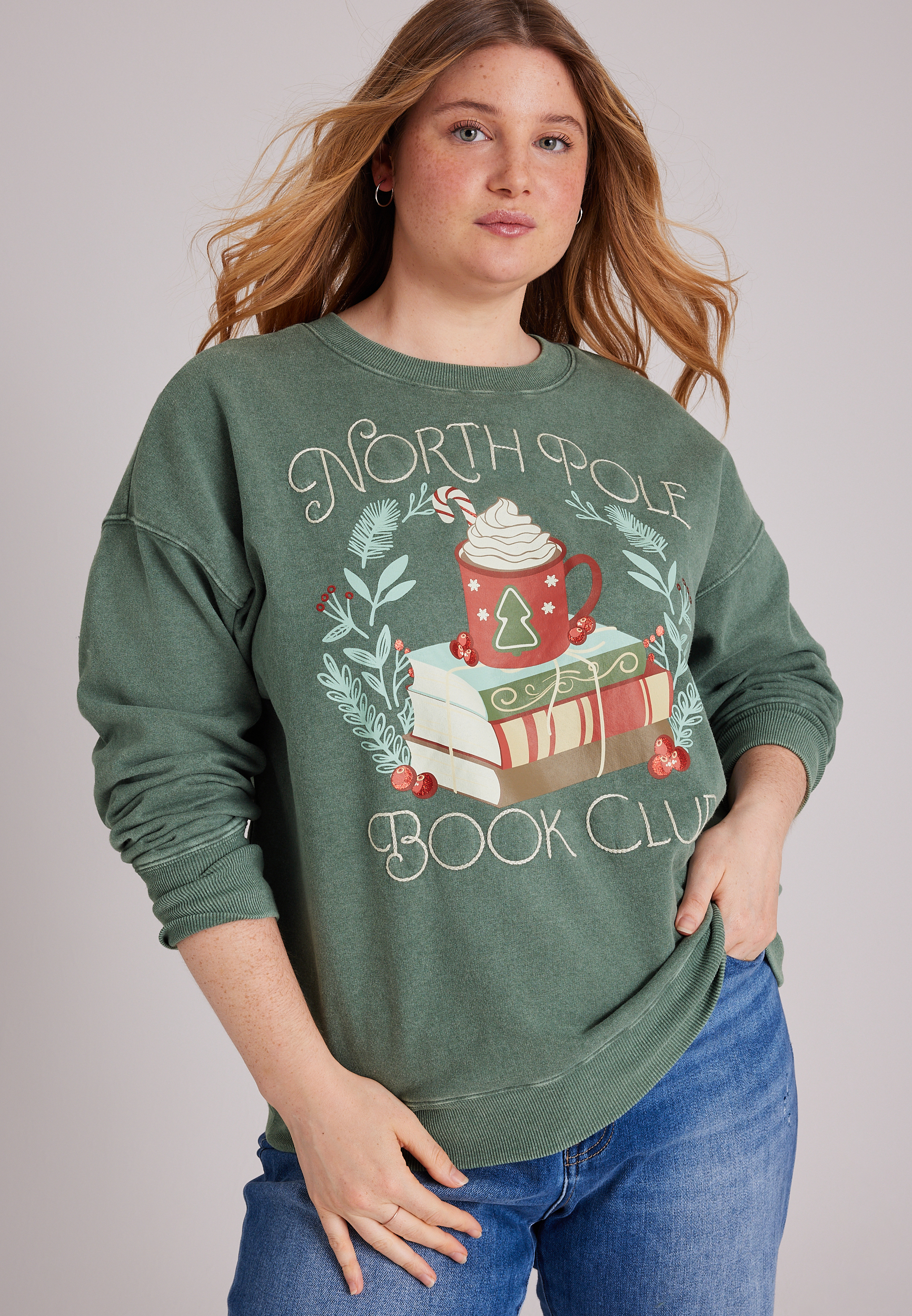 Plus Size North Pole Book Club Embroidered Sweatshirt, C1037, large