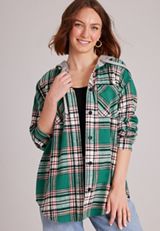 Plaid Flannel Hooded Button Front Shirt, C6146, small