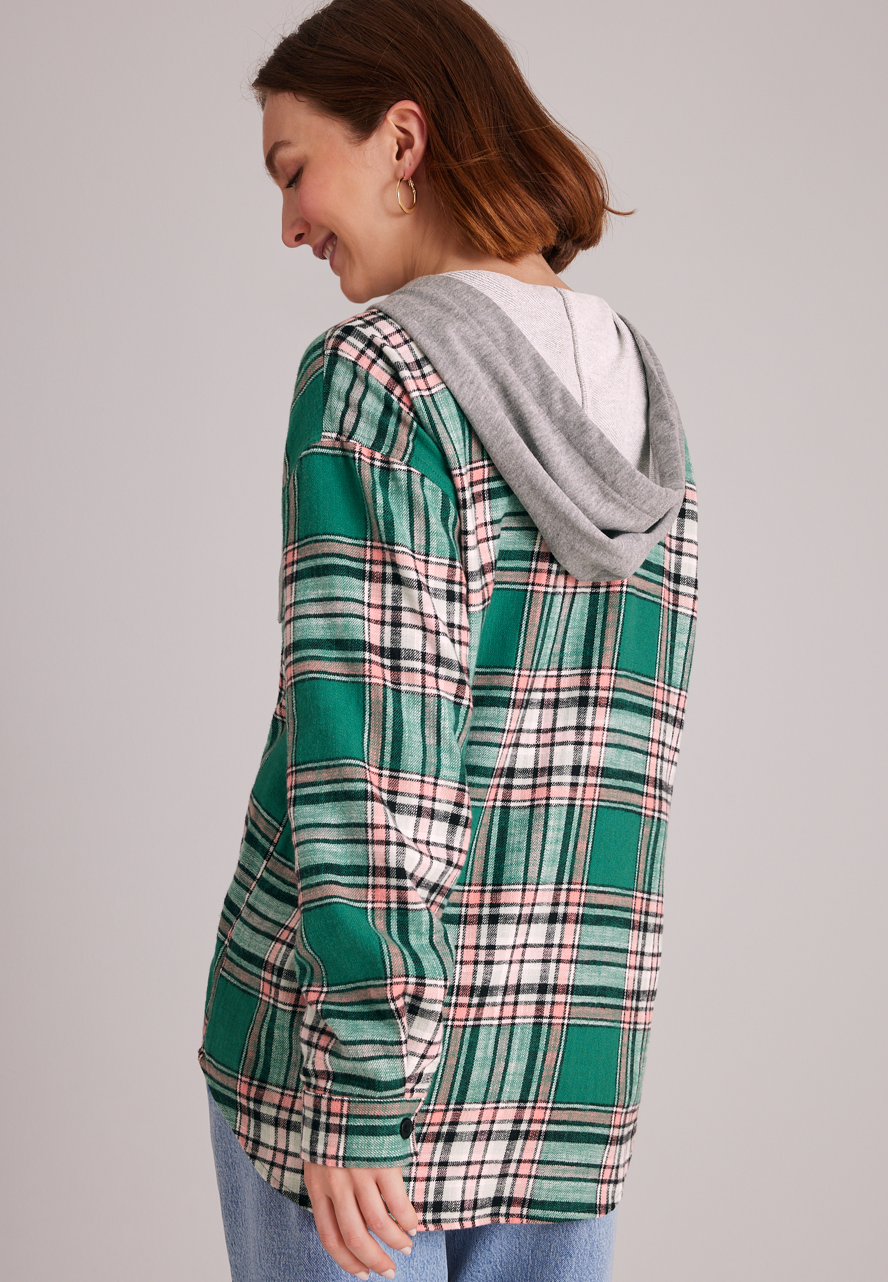 Plaid Flannel Hooded Button Front Shirt, C6146, large