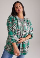 Plus Size Plaid Flannel Hooded Button Front Shirt, C6146, small