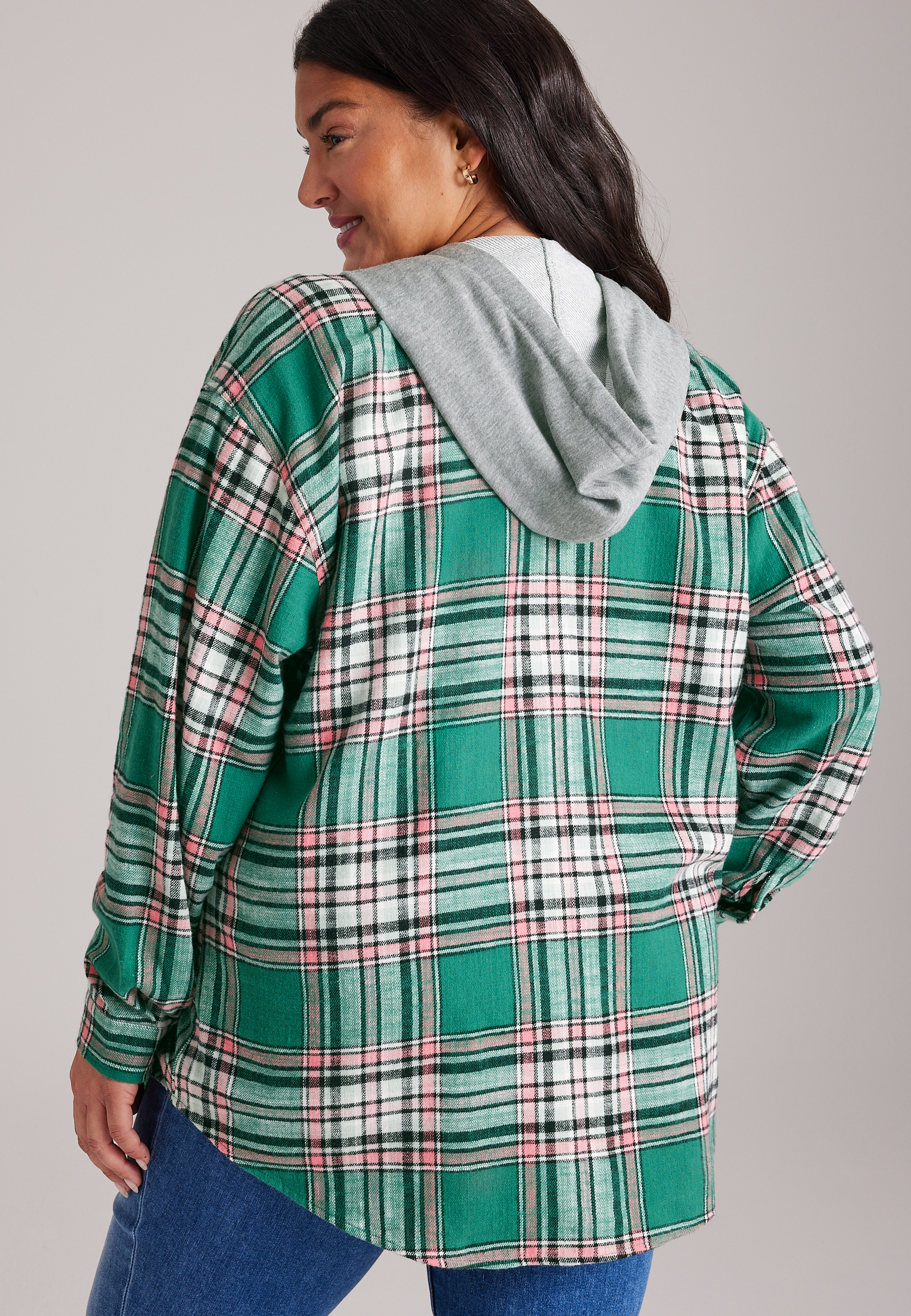 Plus Size Plaid Flannel Hooded Button Front Shirt, C6146, large