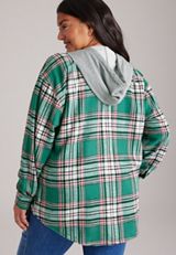 Plus Size Plaid Flannel Hooded Button Front Shirt, C6146, small