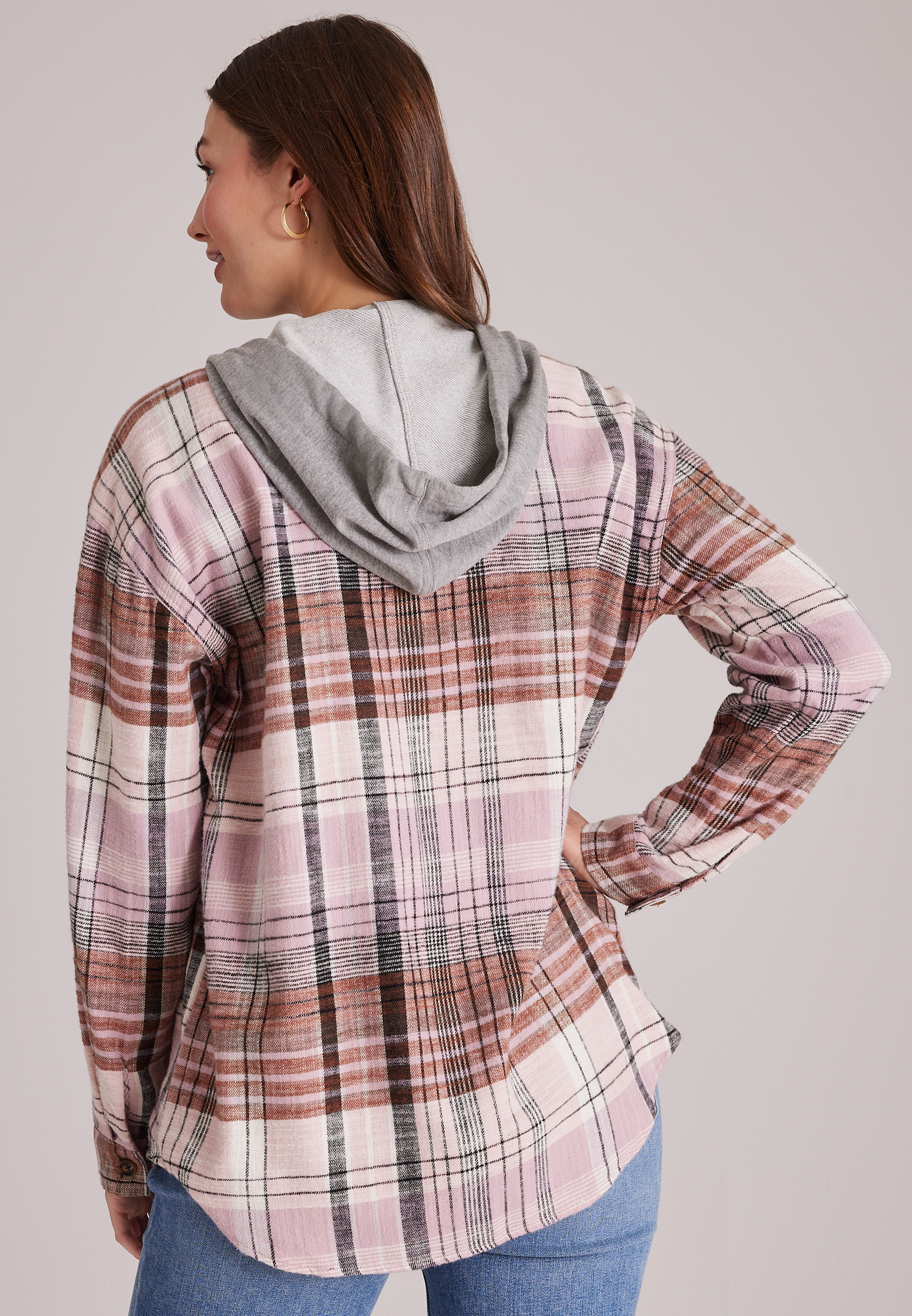 Plaid Flannel Hooded Button Front Shirt, C3828, large