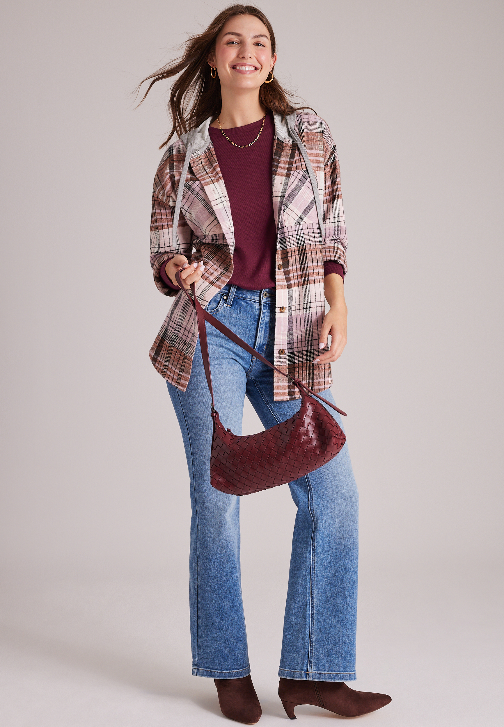 Plaid Flannel Hooded Button Front Shirt, C3828, large