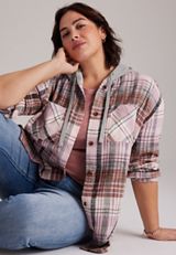Plus Size Plaid Flannel Hooded Button Front Shirt, C3828, small