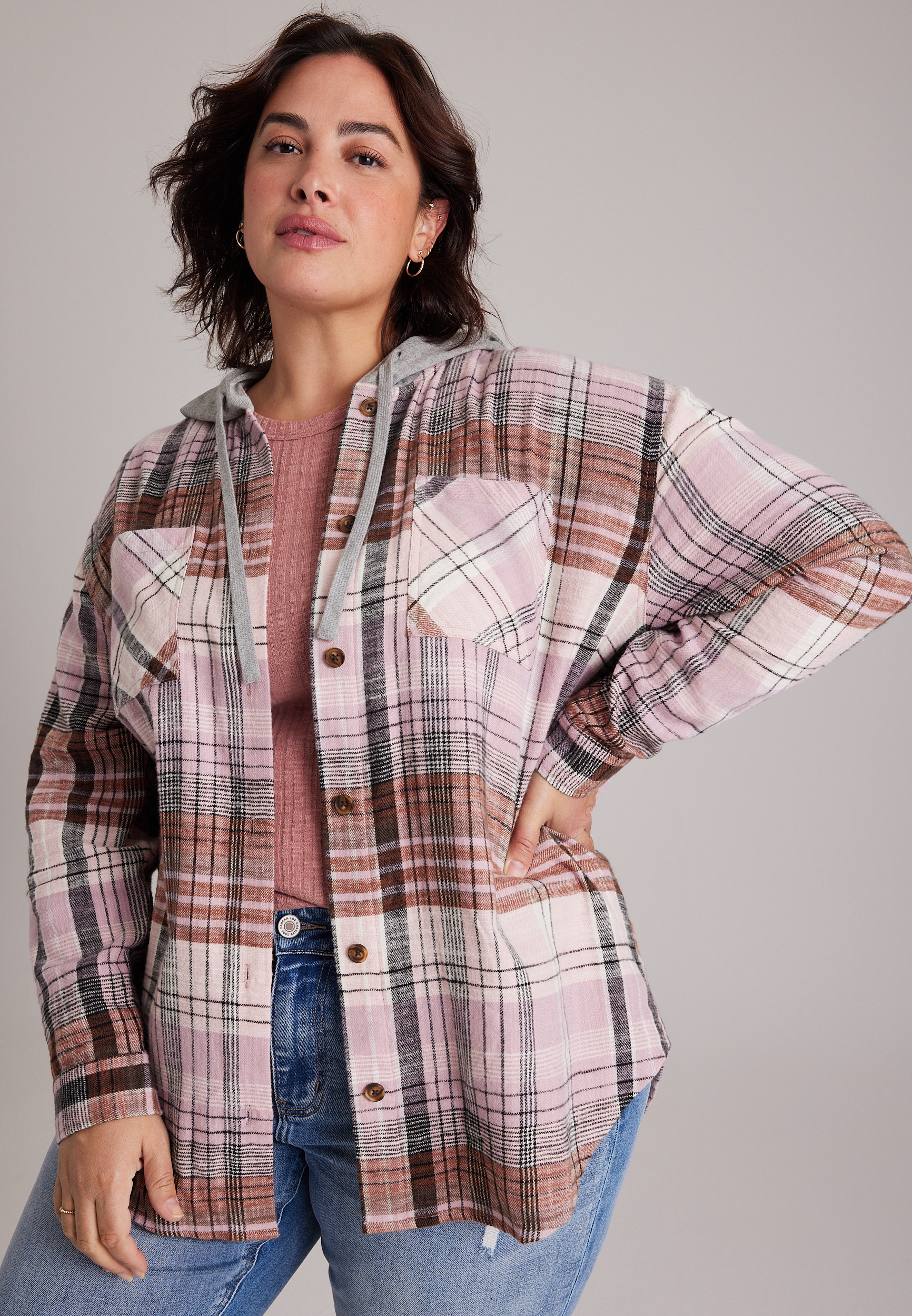 Plus Size Plaid Flannel Hooded Button Front Shirt, C3828, large