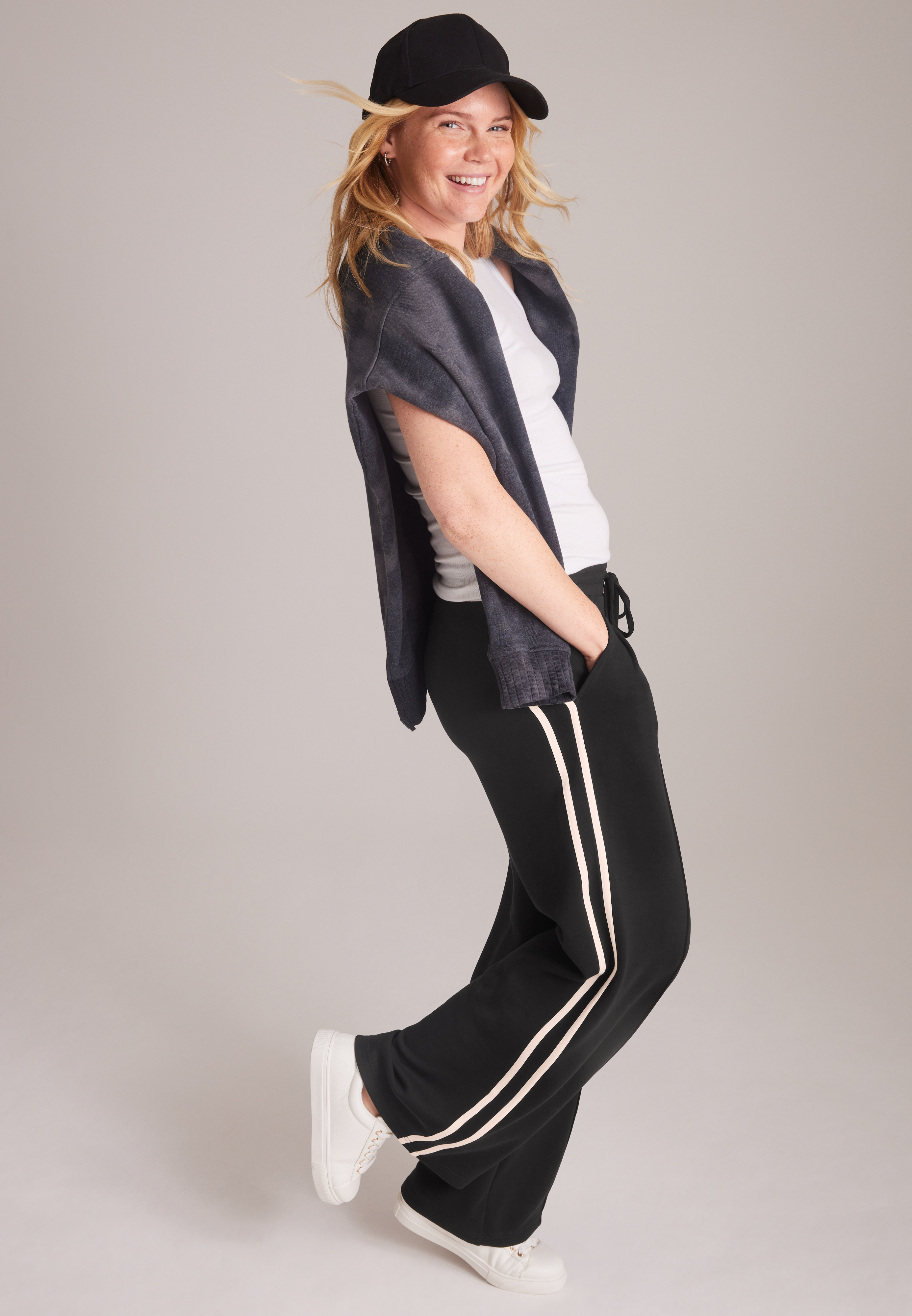 Cloud Scuba Knit Track Stripe Wide Leg Pants, C106, large