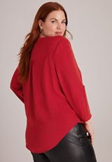 Plus Size Delton Textured Short Sleeve Zip Back Blouse, C5006, small