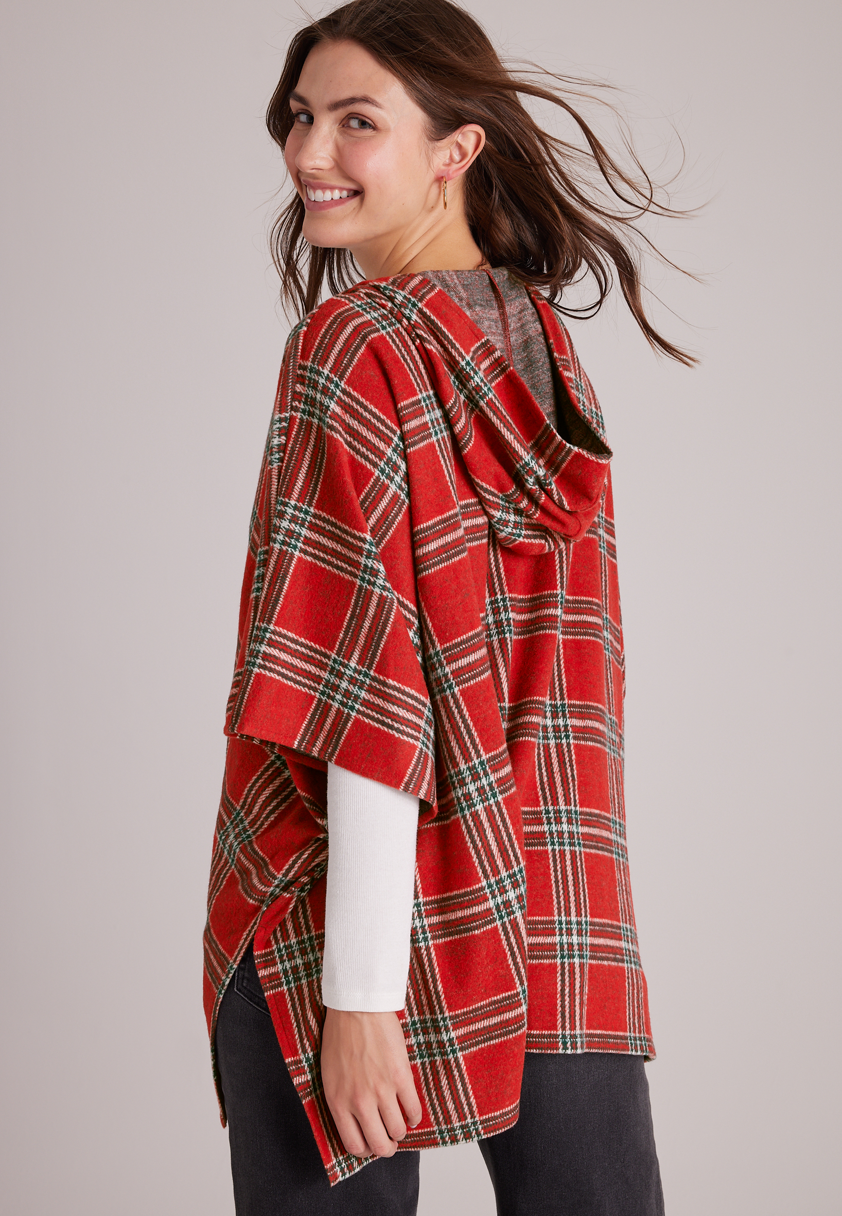 Plaid Hooded Blanket Kimono, C5679, large