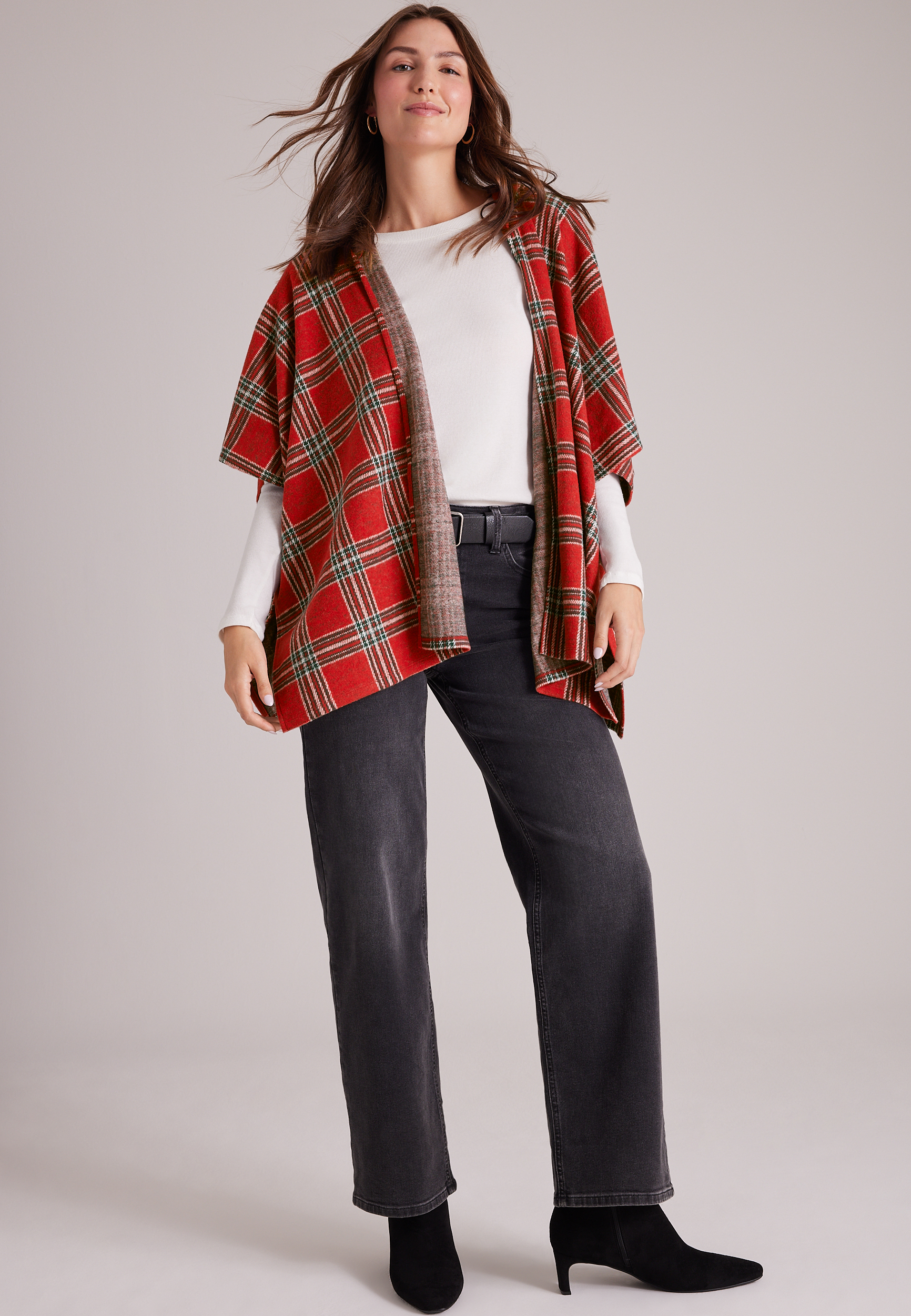Plaid Hooded Blanket Kimono, C5679, large