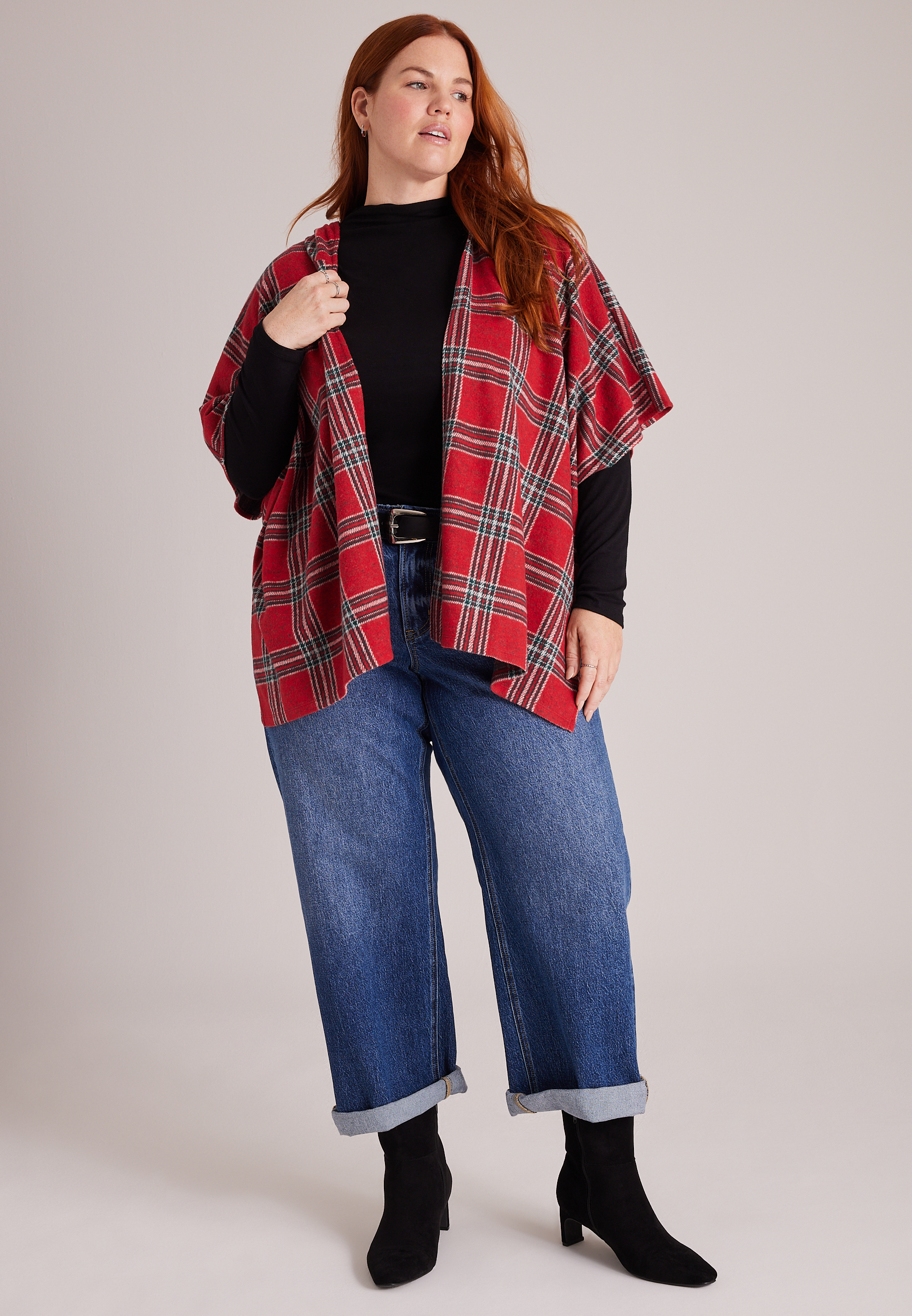 Plaid Hooded Blanket Kimono, C5679, large