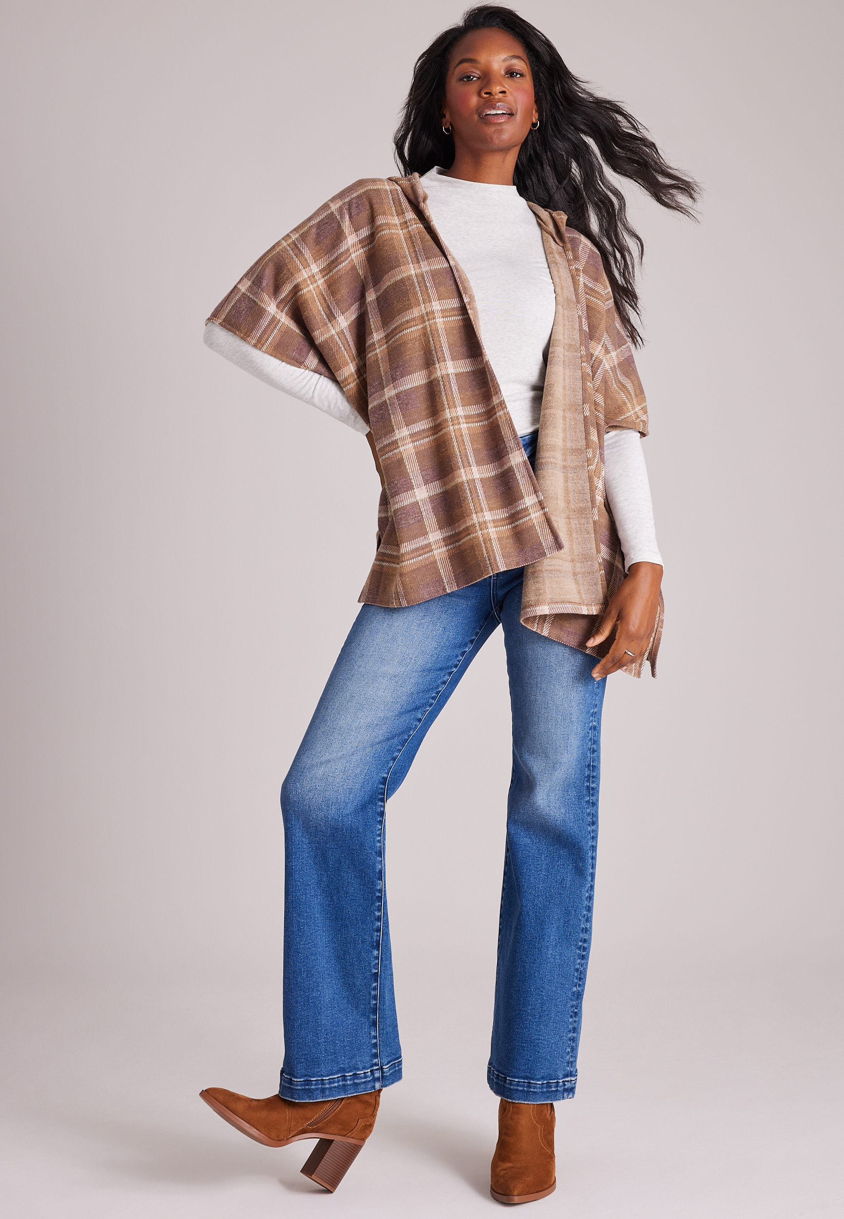 Plaid Hooded Blanket Kimono, C9248, large