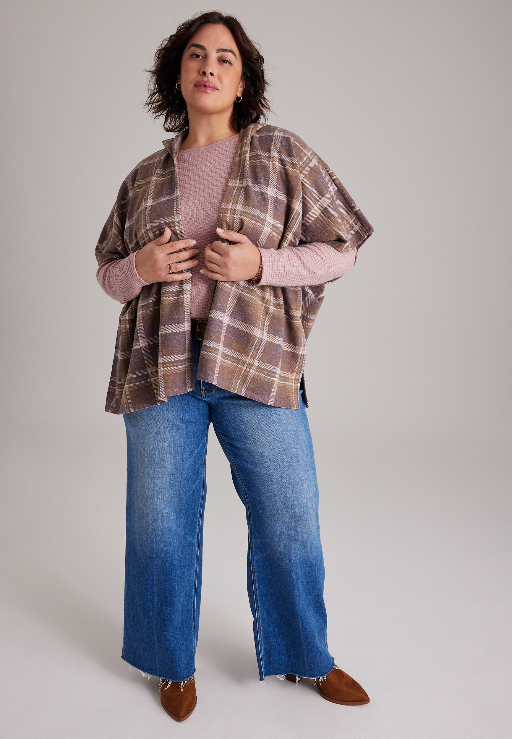 Plaid Hooded Blanket Kimono, C9248, large
