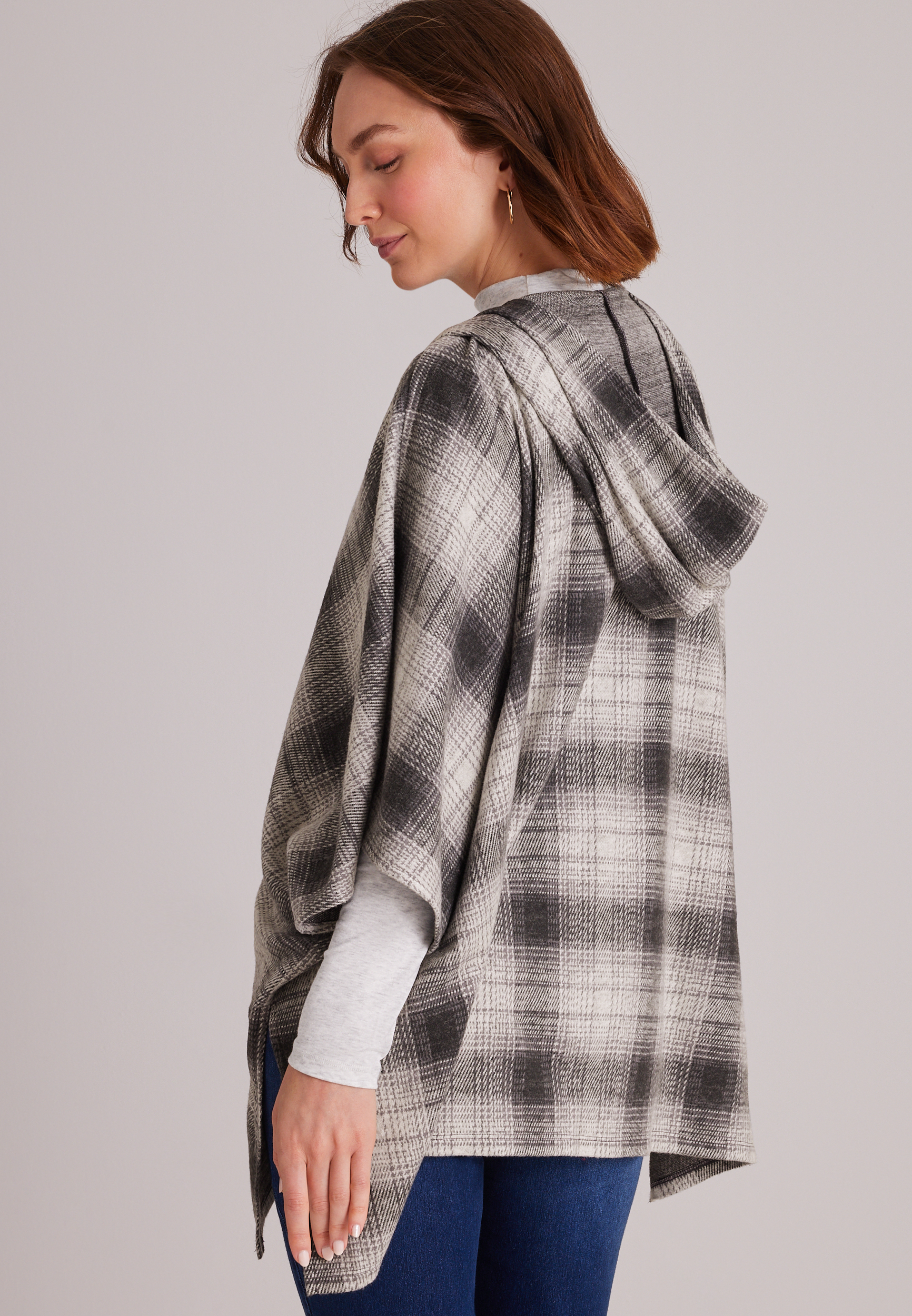 Plaid Hooded Blanket Kimono, C9503, large