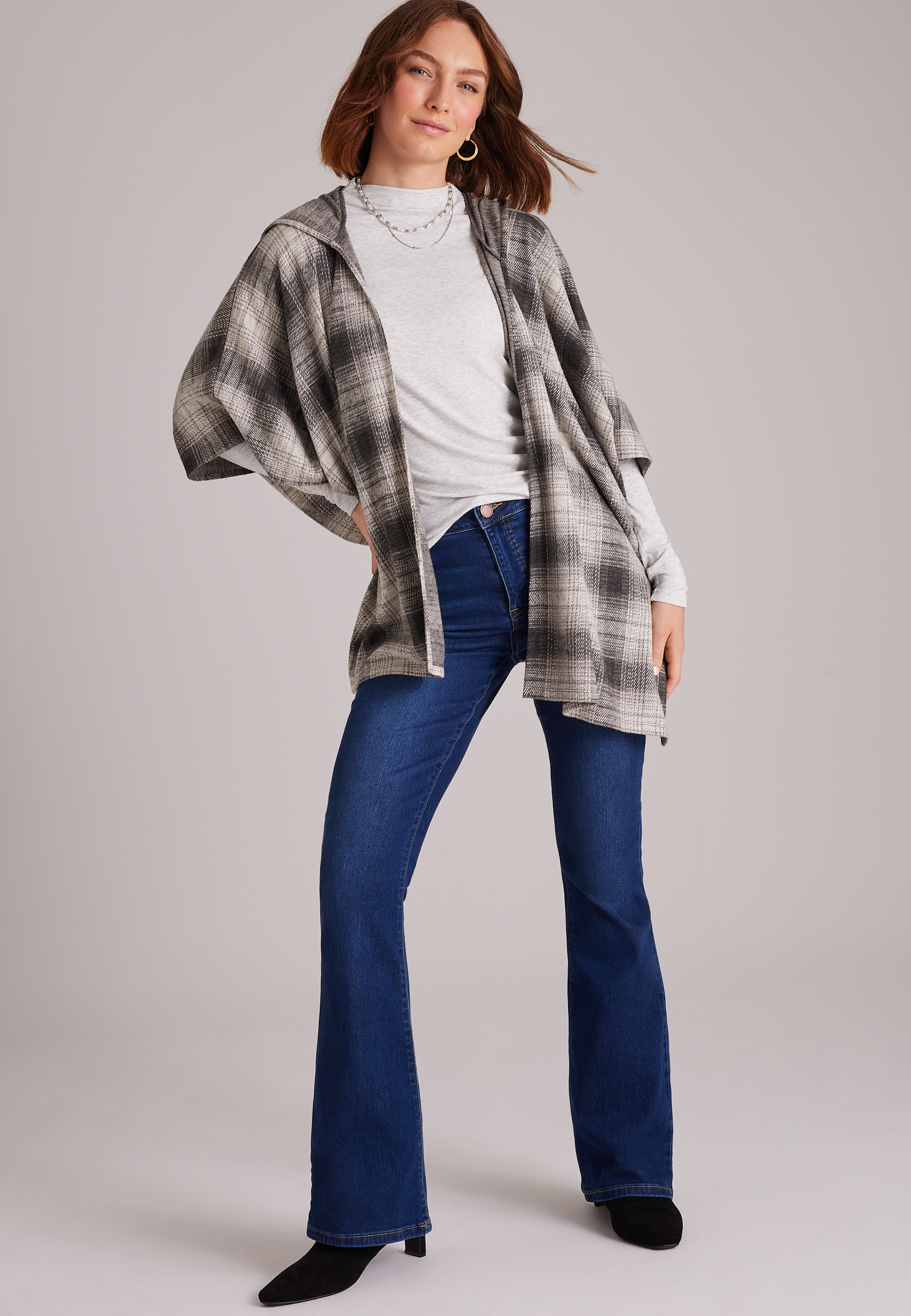 Plaid Hooded Blanket Kimono, C9503, large