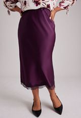 Plus Size Lace Trim Satin Midi Skirt, POTENT PURPLE, small