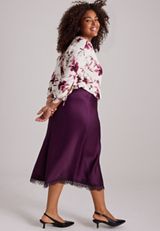 Plus Size Lace Trim Satin Midi Skirt, POTENT PURPLE, small