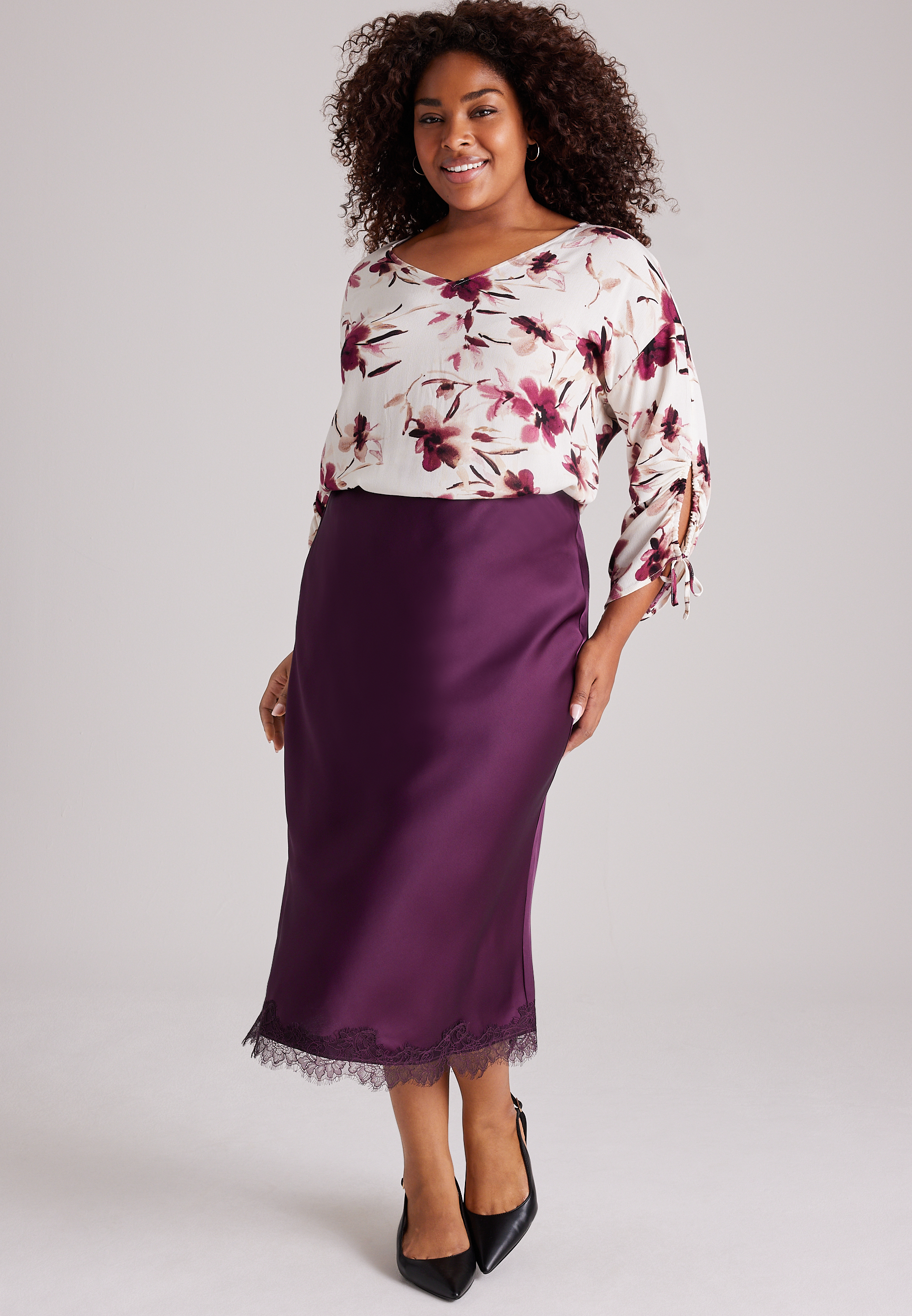 Plus Size Lace Trim Satin Midi Skirt, POTENT PURPLE, large