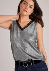 Silver Metallic Lace Trim V-Neck Tank, C3621, small