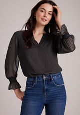 Polka Dot Notch Neck Peasant Blouse, C5292, small