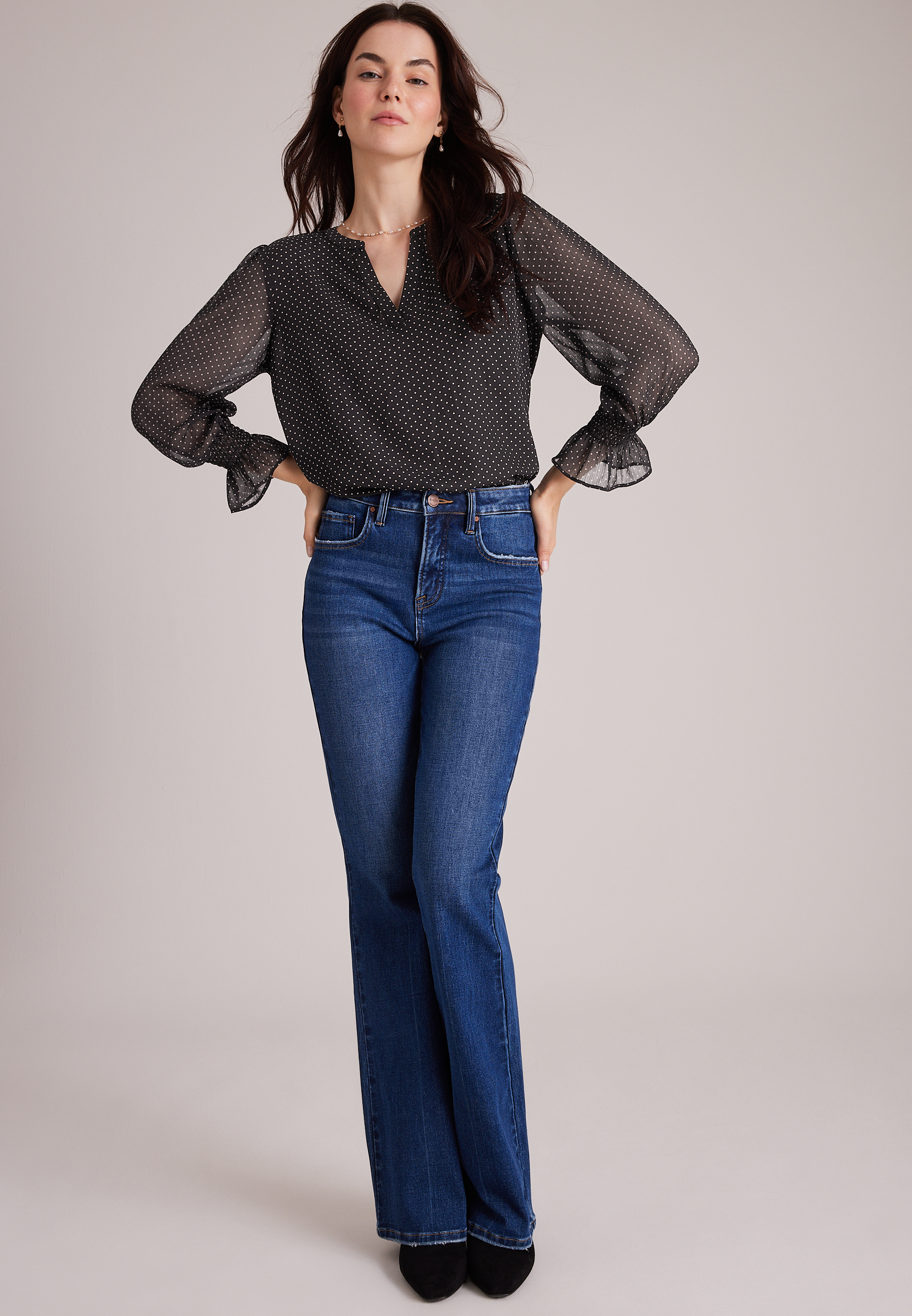 Polka Dot Notch Neck Peasant Blouse, C5292, large
