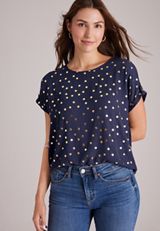 Delton Gold Foil Polka Dot Zip Back Blouse, C54, small