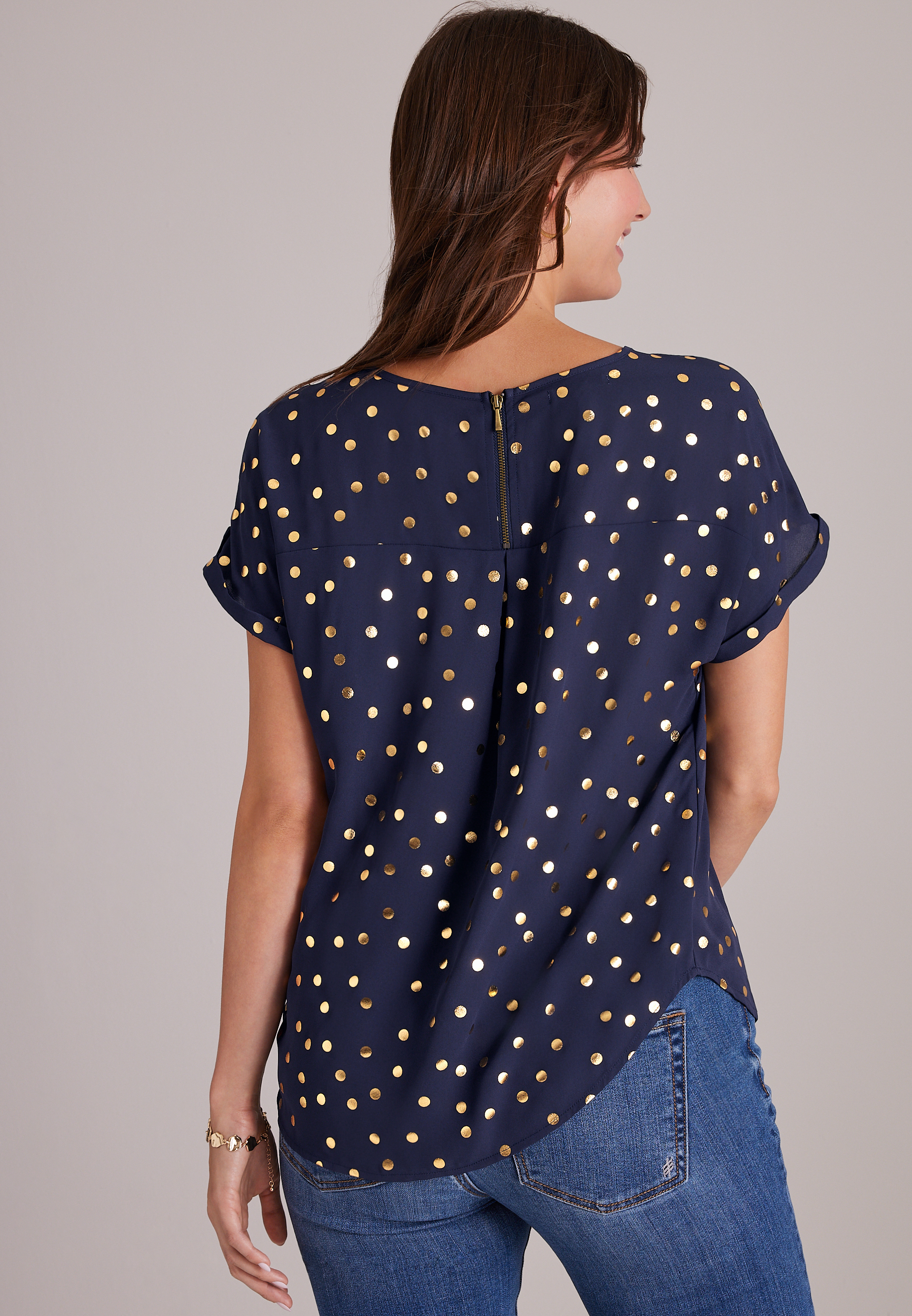 Delton Gold Foil Polka Dot Zip Back Blouse, C54, large
