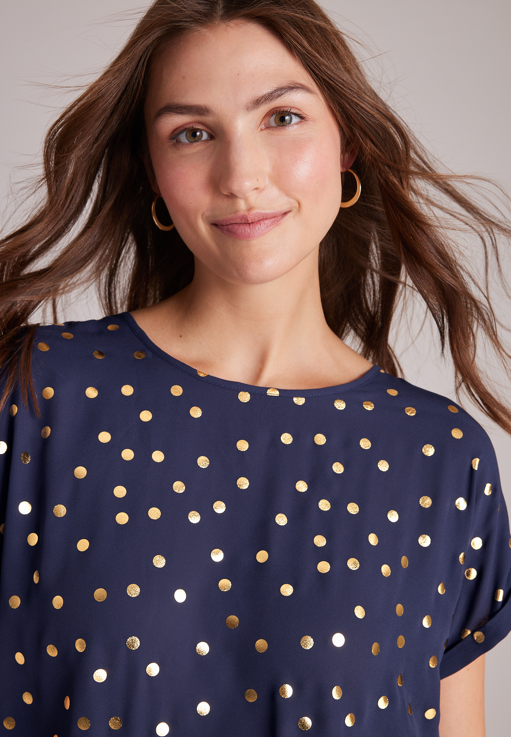 Delton Gold Foil Polka Dot Zip Back Blouse, C54, large