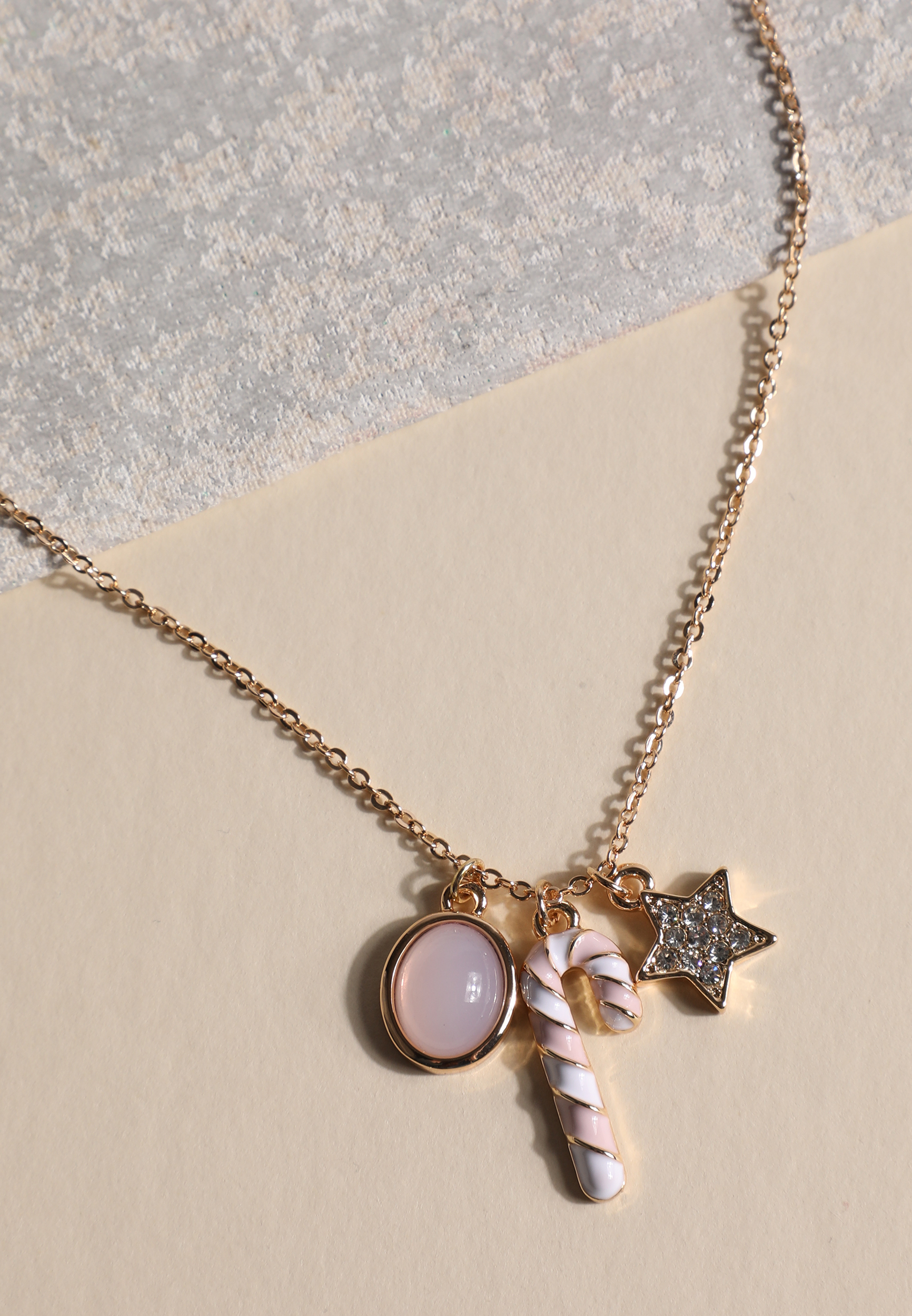 Gold And Pink Candy Cane Charm Necklace, C605, large