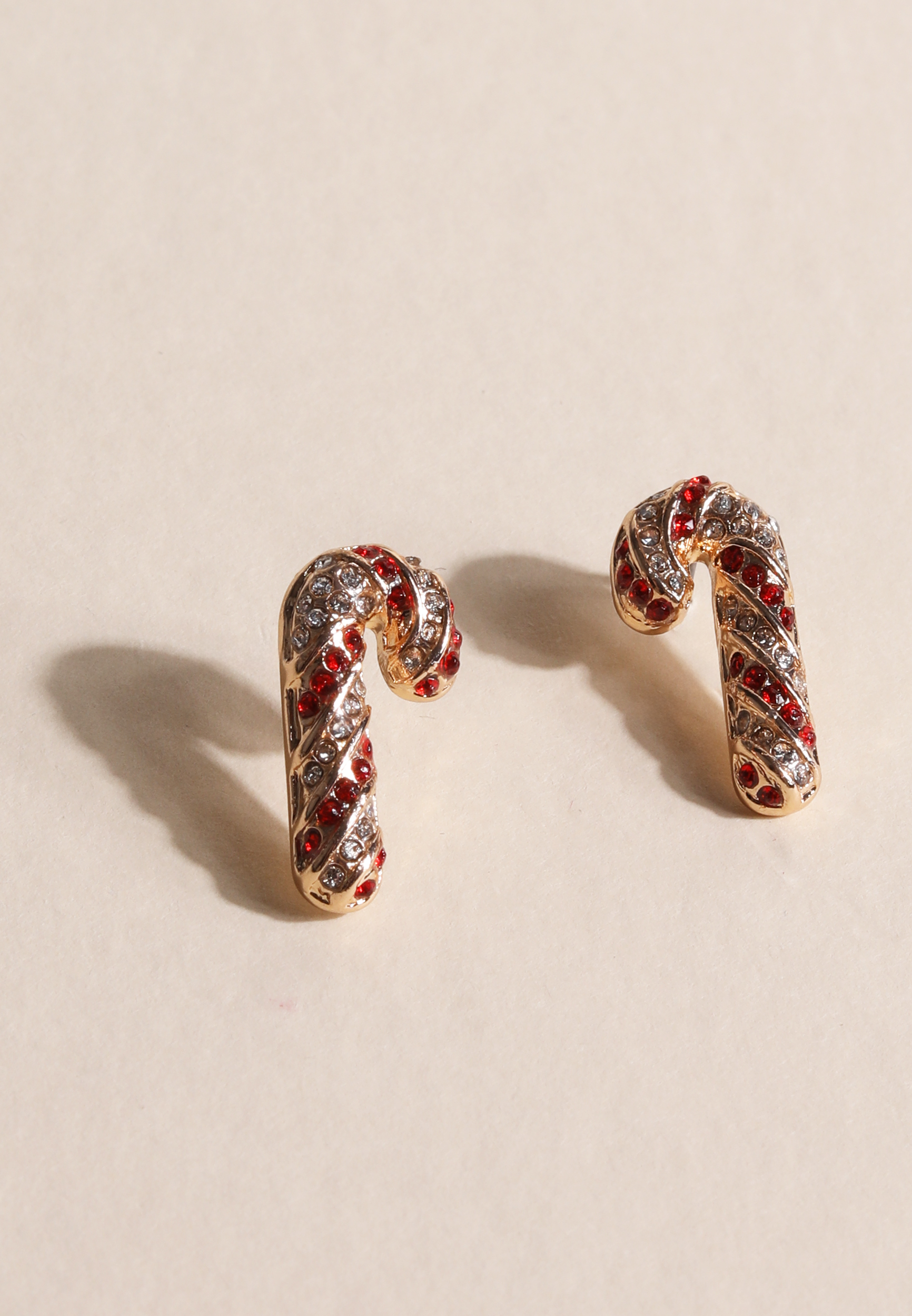 Gold Rhinestone Candy Cane Stud Earrings, C7543, large