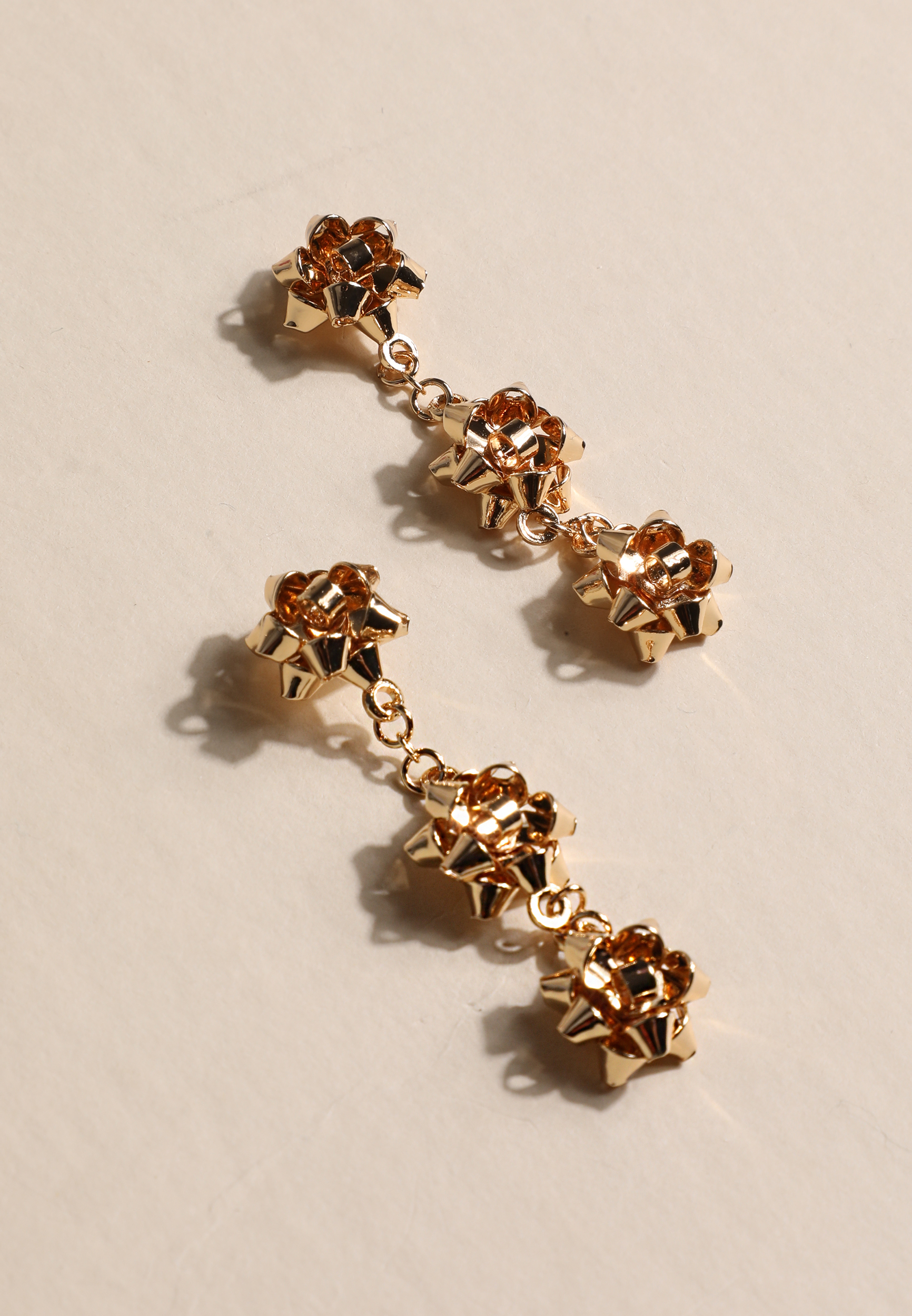 Gold Christmas Bow Triple Drop Earrings, C605, large