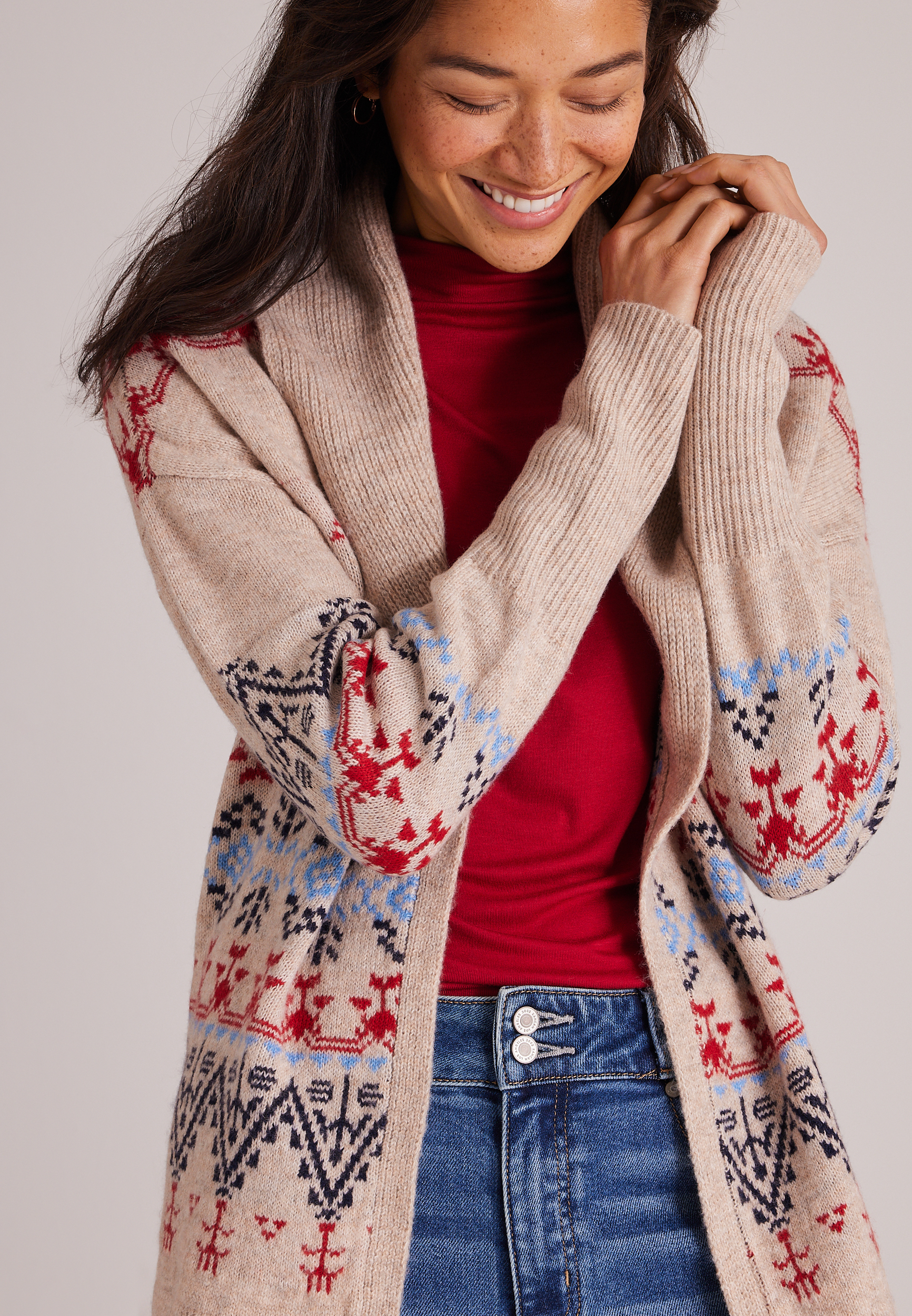 Fair Isle Shawl Collar Open-Front Cardigan, C4813, large