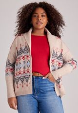 Plus Size Fair Isle Shawl Collar Open-Front Cardigan, C4813, small