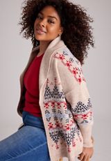 Plus Size Fair Isle Shawl Collar Open-Front Cardigan, C4813, small