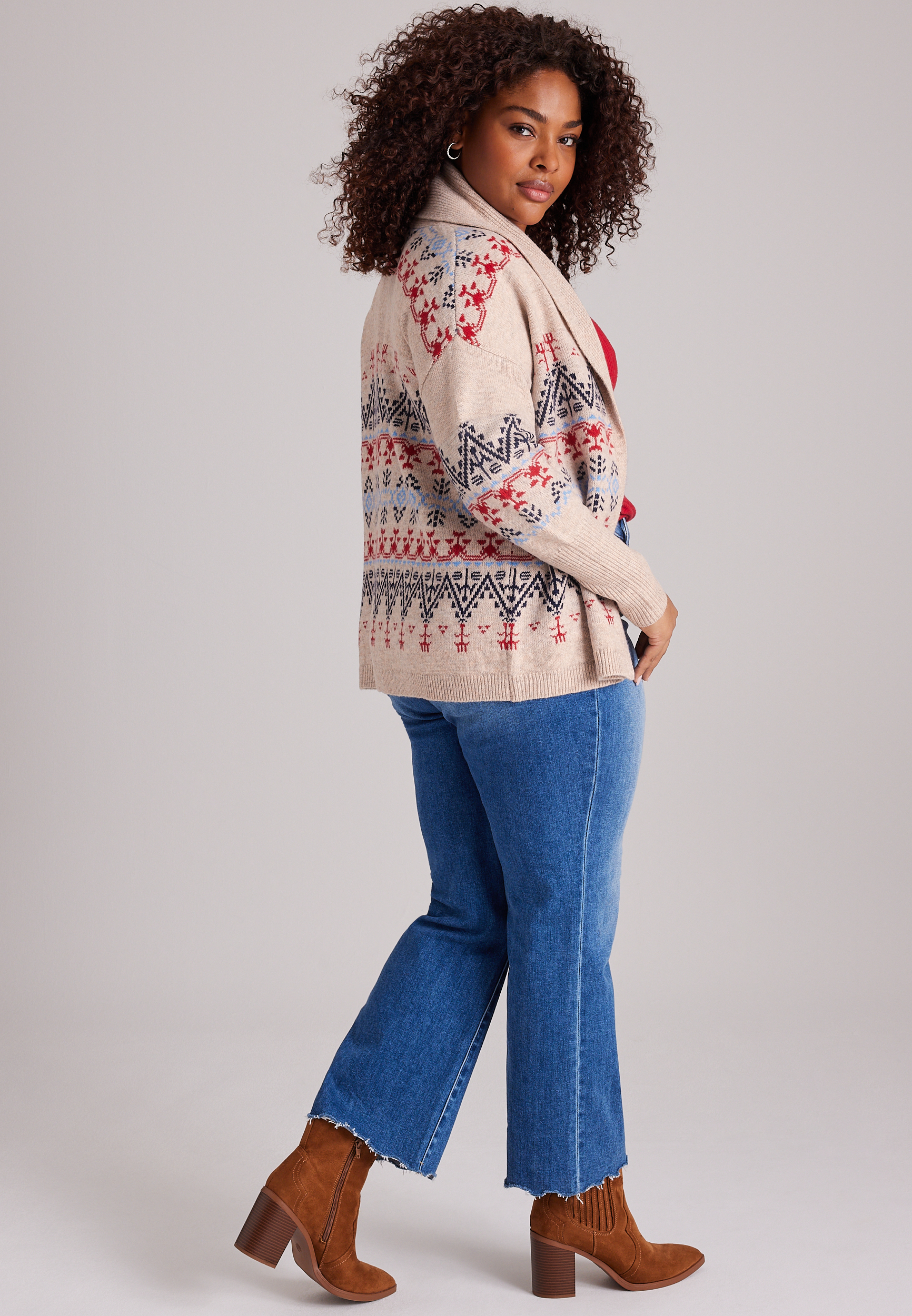 Plus Size Fair Isle Shawl Collar Open-Front Cardigan, C4813, large