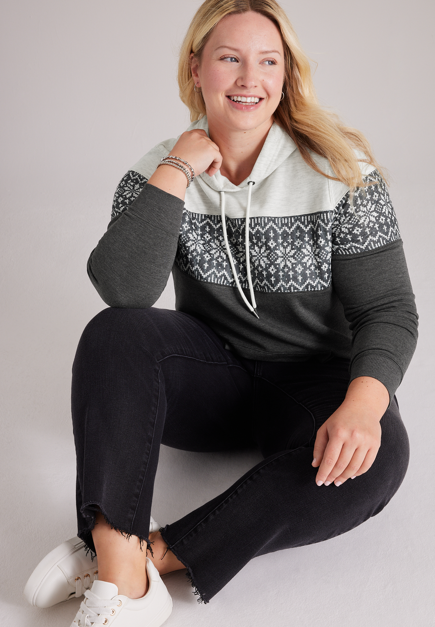 Plus Size Homeward Fair Isle Colorblock Hoodie, C1770, large