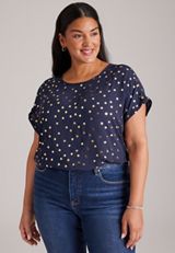 Plus Size Delton Gold Foil Polka Dot Zip Back Blouse, C54, small