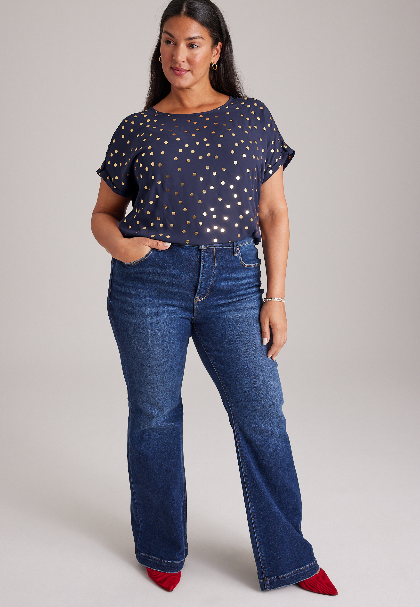 Plus Size Delton Gold Foil Polka Dot Zip Back Blouse, C54, large