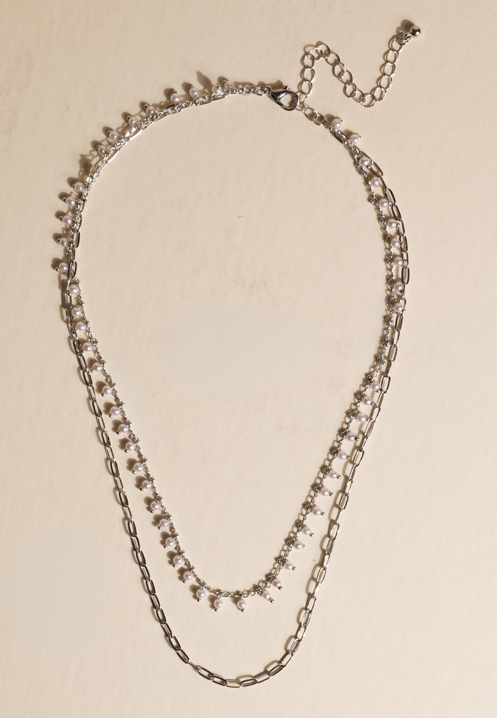 Silver Pearl Layered Chain Necklace, C431, large