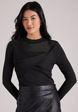 Mesh Yoke Twist Bodice Mock Neck Top, C106, small