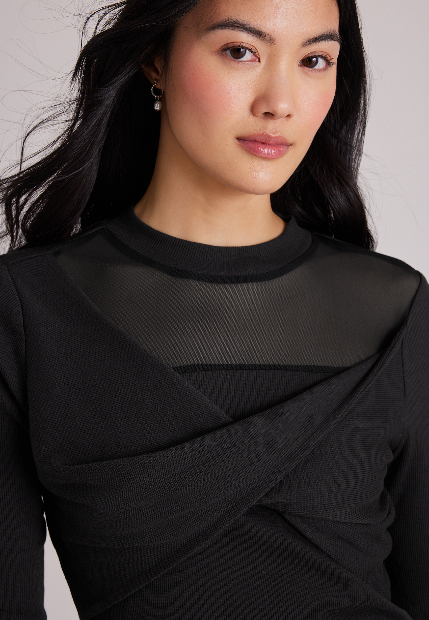 Mesh Yoke Twist Bodice Mock Neck Top, C106, large